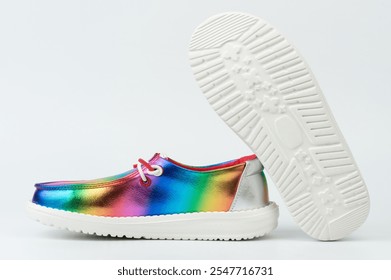 Colorful child-sized shoes with shiny rainbow finish showcased from various angles for playful presentation. - Powered by Shutterstock