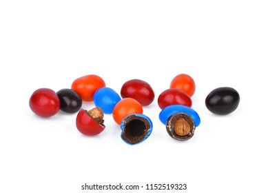 colorful of chocolate candies stuffed with nuts isolated on white background