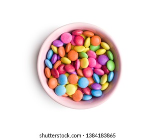 Colorful Chocolate Candy Pills In Bowl Isolated On White Background.