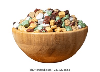 Colorful chocolate candy stones. Stone chocolate dragee in wooden bowl isolated on white background. Small multi-colored candies. Close up - Powered by Shutterstock