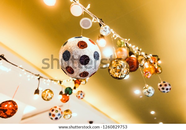 Colorful Christmas Balls Decoration Hanging Ceiling Stock Photo