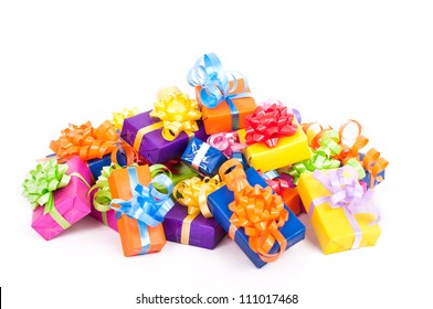 Colorful Christmas Or Birthday Presents Isolated On White Background