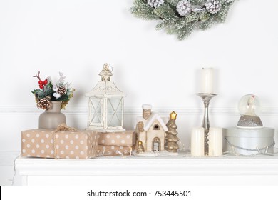 Colorful Christmas Decorations On Fireplace Mantle