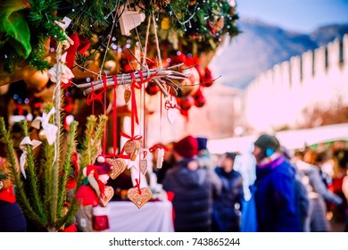 Colorful Christmas Decorations On  Trentino Alto Adige, Italy Christmas Market