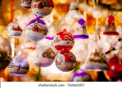 Colorful Christmas Decorations On  Trentino Alto Adige, Italy Christmas Market