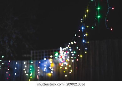 Colorful Christmas Fairy Lights Outdoor Hanging Off Of Trees In Backyard At Night In Australia Shot At Shallow Depth Of Field