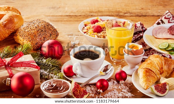 Colorful Christmas Intercontinental Breakfast Table Setting Stock Photo ...