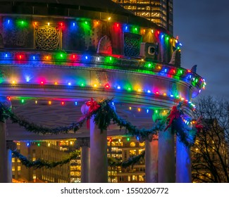 Colorful Christmas Lights And Garland Decorate A Gazebo In Boston Common