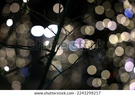 Colorful Christmas lights on decorative trees shine in the evening on holidays.