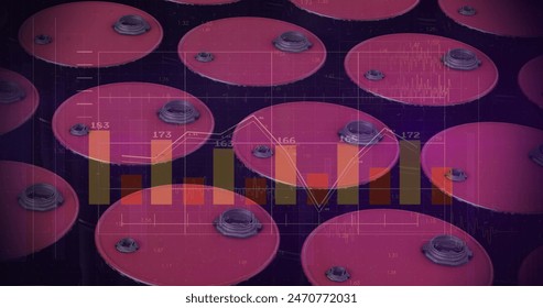 Colorful circles with numbers overlaying bar graph on a dark background. Lines connecting some circles, suggesting data relationships or flows