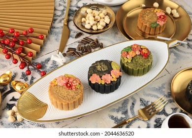 Colorful Classic Mooncake, Concept For Mid Autumn Festival. Chinese Character Is 