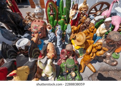 Colorful clay statues and pottery sold at roadside store, Joshua Tree, California - Powered by Shutterstock