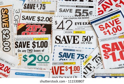 Colorful Clipped Multi Valued Grocery Coupons. Supermarket Shopping.