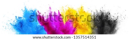 colorful CMYK cyan magenta yellow key holi paint color powder explosion print concept isolated on white background
