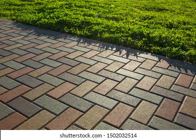 Colorful cobblestone road pavement and lawn divided by a concrete curb. Backlight.
