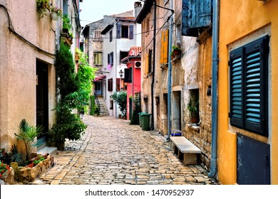 Colorful cobblestone street in the beautiful Old Town of Rovijn, Croatia