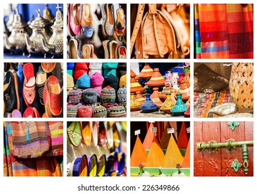 colorful collage and composition of objects or typical places of Morocco
