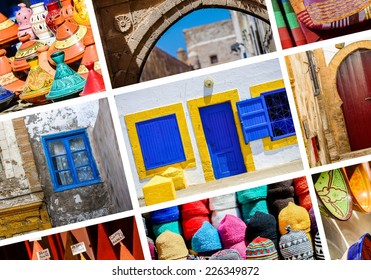 colorful collage and composition of objects or typical places of Morocco