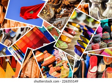 colorful collage and composition of objects or typical places of Morocco