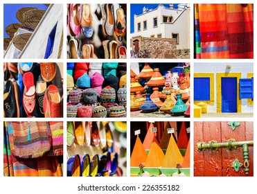 colorful collage and composition of objects or typical places of Morocco