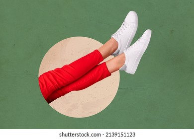 Colorful collage of female legs wearing stylish sneakers isolated on green background sportstyle shoes comfort walking copy space for ad