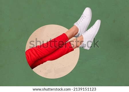 Colorful collage of female legs wearing stylish sneakers isolated on green background sportstyle shoes comfort walking copy space for ad