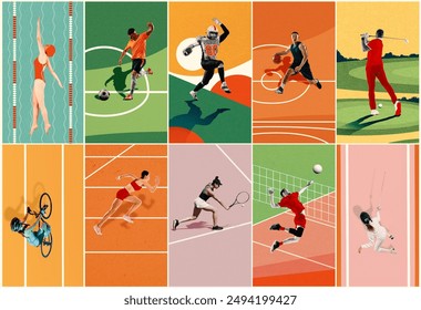 Colorful collage of multiple athletes, men and women performing various sports, competing in sport arenas. Champions. Concept of professional sport, competition, tournament, achievement - Powered by Shutterstock