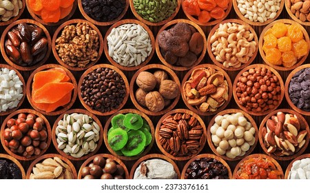 colorful collage of nuts and dried fruit, assorted healthy food background. - Shutterstock ID 2373376161