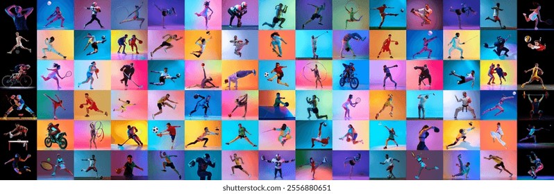 Colorful collage. Young athletes performing various sports, including fencing, martial arts, weightlifting, and team sports. Concept of different kind of sport, creativity, balance. Ad - Powered by Shutterstock