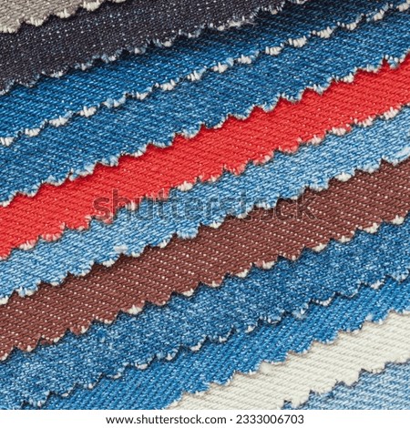 Colorful collection of Denim textile samples. Multicolor Fabric texture background