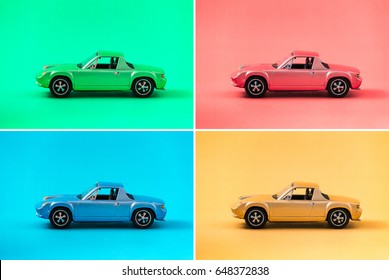 Colorful Collection Of Retro Toy Car Model With Side View On Colorful Background. Green, Red, Blue, Yellow. Traveling And Transport Concept.