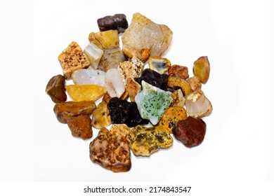 Colorful collection of small river stones on white background, River stones background. - Shutterstock ID 2174843547