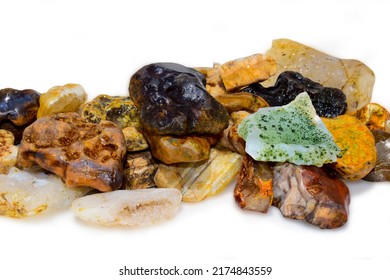 Colorful collection of small river stones on white background, River stones background. - Shutterstock ID 2174843559