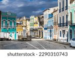 Colorful colonial houses at the historic district of Pelourinho and Santo Antonio in Salvador da Bahia, Brazil.