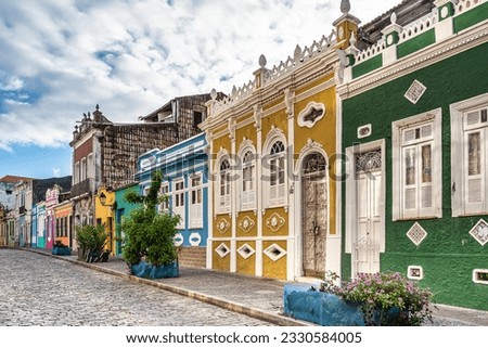 Colorful colonial houses at the historic district of Pelourinho and Santo Antonio in Salvador da Bahia, Brazil.