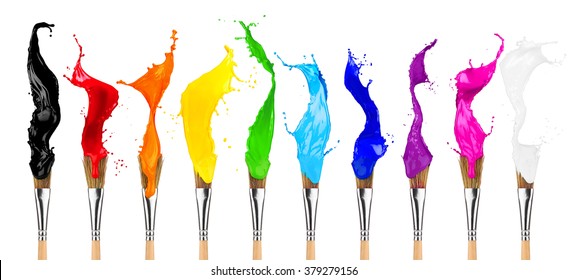 colorful color splashes paintbrush row isolated on white background