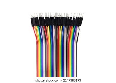 Colorful Computer flat cable with micro pin connectors.  Ribbon cable with male connectors isolated on white.
					