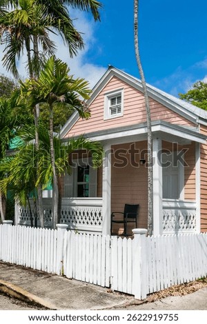 Colorful Conch house with a tropical backyard, pastel colors architecture in Key West, Florida
