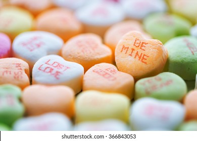 Colorful conversation heart shaped candies for Valentine's Day