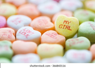 Colorful conversation heart shaped candies for Valentine's Day