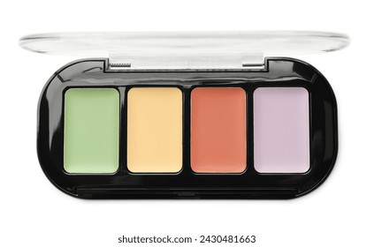 Colorful correcting concealer palette isolated on white, top view