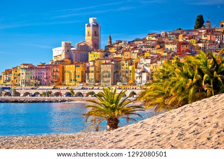 Colorful Cote d Azur town of Menton beach and architecture view, Alpes-Maritimes department in southern France