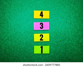 Colorful countdown numbers 4, 3, 2, 1 on sticky notes placed vertically on green background, symbolizing progress, launch, or preparation steps.  - Powered by Shutterstock - Get 15% off with code: PIKWIZARD15