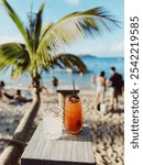 Colorful craft cocktails served on a Caribbean beach, with tropical fruits, vibrant garnishes, and a backdrop of turquoise waters, offering a refreshing island escape.