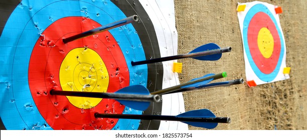 Colorful crossbow target with arrows