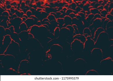 Colorful Crowd Of People Of A Big Music Festival In A Stage Lights As A Beautiful Background