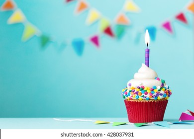 Colorful cupcake with single birthday candle