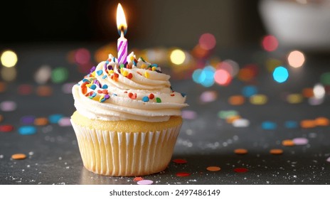 Colorful cupcake topped with a candle, ideal for birthday celebrations. A festive atmosphere with a vibrant cupcake and candle centerpiece for birthdays. - Powered by Shutterstock