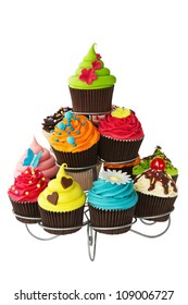 Colorful Cupcakes On A Cakestand