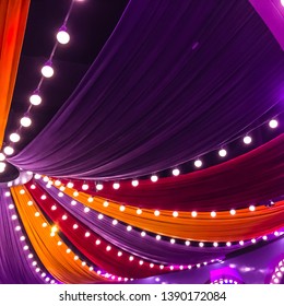 Colorful Curtain And Light Bulb Decorations. Circus Party Decorations. 